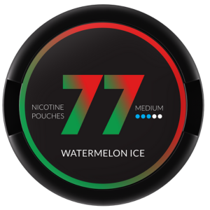 Alt Text: "77 Watermelon Ice Medium Slim Snus Can - Refreshing Watermelon Flavor in a Sleek