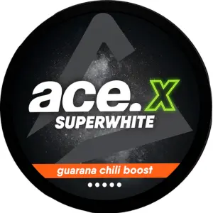 Close-up of Ace X Guarana Chili Boost Extra Strong Slim Snus Can - Premium Tobacco-Free Nicotine Pouches with a Bold Guarana and Chili Flavor for an Intense