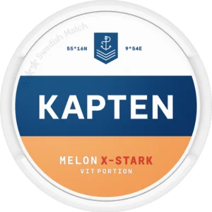 Alt Text: "Kapten Melon X-Stark Vit Snus Can - Premium Swedish Snus with a Refreshing Melon Flavor and Extra Strong Nicotine Strength"