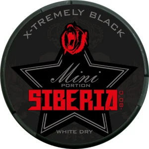 Close-up image of a Siberia X-Tremely Black Mini White Dry snus can