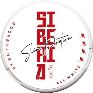 Close-up of Siberia All White Extremely Strong Slim Snus Can - Premium Tobacco-Free Nicotine Pouches with Intense Strength and Refreshing Mint Flavor