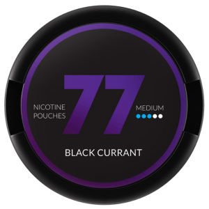 Alt Text: "77 Black Currant Medium Slim Snus Can - Premium Nicotine Pouches with Rich Black Currant Flavor in a Sleek