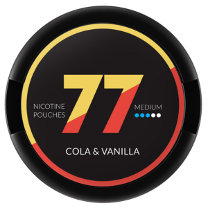 Alt Text: "77 Cola & Vanilla Medium Slim Snus Can - Premium Tobacco-Free Nicotine Pouches with Refreshing Cola and Smooth Vanilla Flavor"