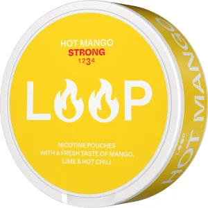 Loop Hot Mango Strong Snus Can - Premium Swedish Snus with Bold Mango Flavor and Extra Strength Nicotine. Perfect for a Refreshing and Energizing Experience. Sleek and Modern Design for Discreet Enjoyment.