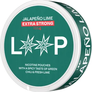 Loop Jalapeno Lime Strong Snus Can - A vibrant and bold snus can featuring the Loop brand's signature design. The can showcases a striking combination of green and yellow hues