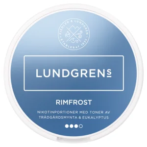 Close-up of Lundgrens Rimfrost Snus Can - Premium Swedish Snus with Refreshing Mint Flavor in a Sleek