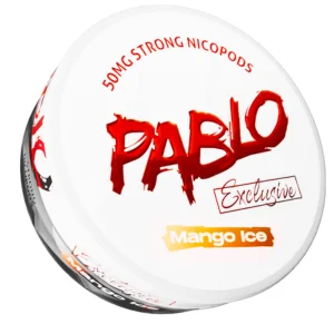 Close-up of Pablo Exclusive 50mg Mango Ice Snus Can - Premium Nicotine Pouches with Refreshing Mango Flavor and Icy Cool Sensation