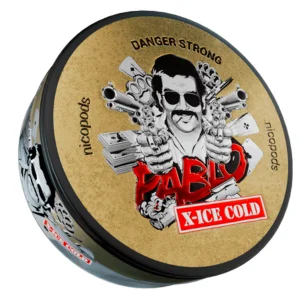 Close-up image of a Pablo X-Ice Cold Super Strong Slim All White snus can