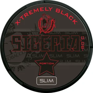 Close-up of Siberia X-Tremely Black Slim Snus Can - Premium Smokeless Tobacco with Intense Flavor and Sleek Design