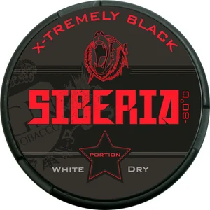 Close-up of a Siberia X-Tremely Black White Dry snus can