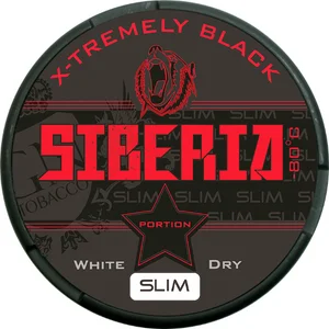 Close-up of a Siberia X-Tremely Black Slim White Dry snus can